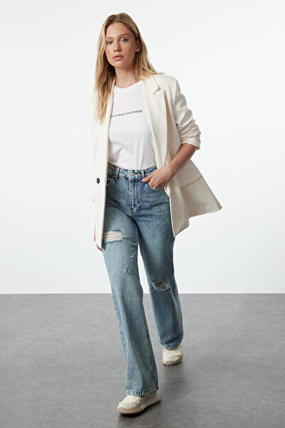 Trendyol Collection Modré roztrhané džíny s širokým pasem TWOSS24JE00073