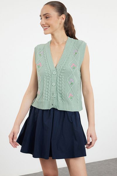 Trendyol Collection Mint Flower Patterned Embroidery Knitwear Vest - Twoaw23Sv00025