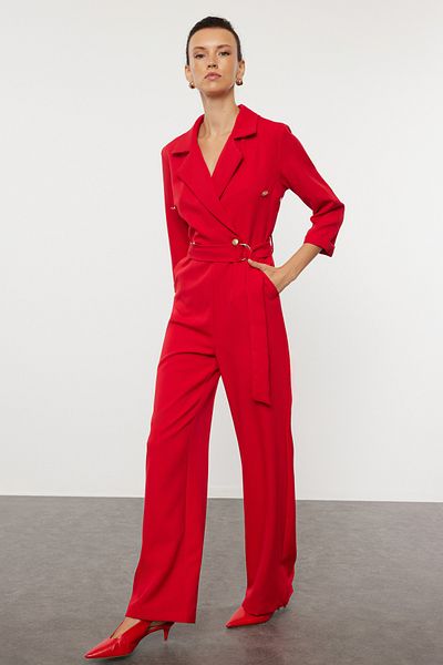 Trendyol Collection Long Red Double Breasted Jumpsuit - Belted, Woven, TWOAW23TU00017