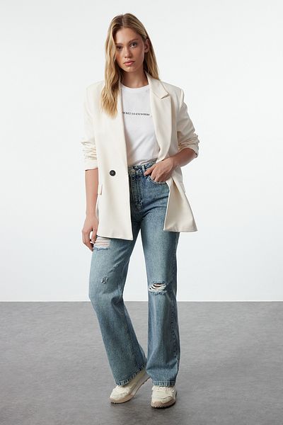 Trendyol Collection Blaue zerrissene Jeans mit weitem Bein und hoher Taille TWOSS24JE00073