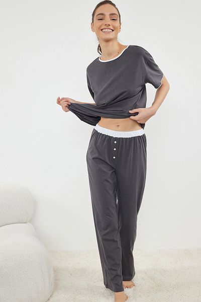 Trendyol Collection Σετ Πιτζάμες Πλεκτής Χρώμα Ανθρακί - 100% Βαμβάκι, Λάστιχο Σωληνώσεων και Μέσης THMAW25PT00007
