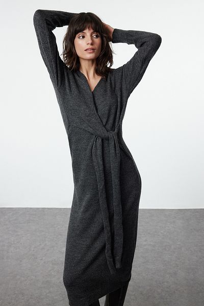 Trendyol Collection Midi Length Anthracite Knitwear Dress - Soft Texture, Double Breasted Collar, Tie-Up Twoaw21El0260