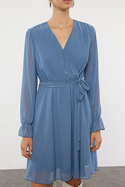 Trendyol Collection Indigó duplasoros szőtt miniruha - öves, TWOAW20EL0789