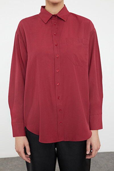 Trendyol Collection Sötétvörös pamut szőtt - széles szabású egyzsebű ing TWOAW20GO0115