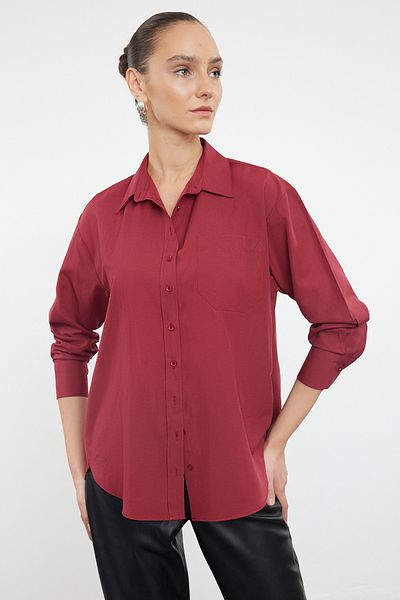 Trendyol Collection Sötétvörös pamut szőtt - széles szabású egyzsebű ing TWOAW20GO0115