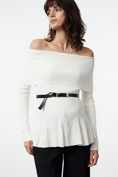 Trendyol Collection Carmen Collar Knitwear Sweater - Belted, Ecru, TWOAW25KZ00086