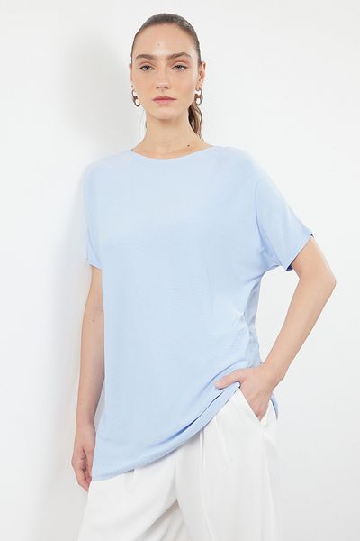 Trendyol Collection Pulover lung de tricotaj albastru - Decolteu triplu TWOAW25KZ00363