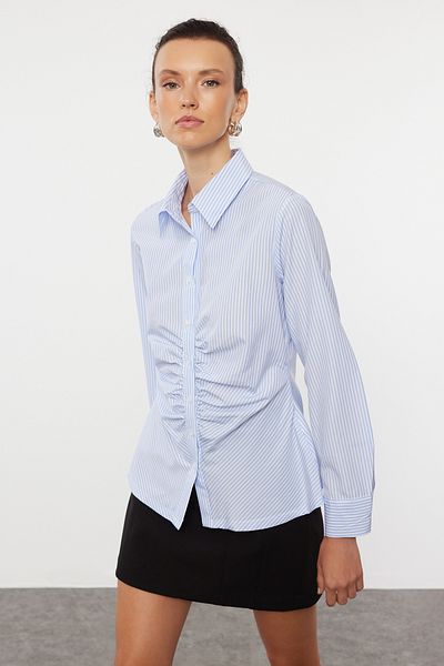 Trendyol Collection Modrá pruhovaná tkaná košile – detail se stahovací šňůrkou, pas, TWOAW25GO00024