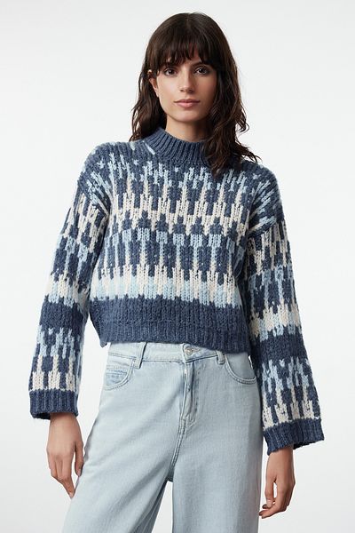 Trendyol Collection Pulover crop tricotat cu guler gros, albastru, cu textura moale TWOAW24KZ00688