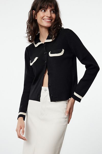 Trendyol Collection Polo Collar Black Knitwear Cardigan - Color Block TWOAW25HI00301