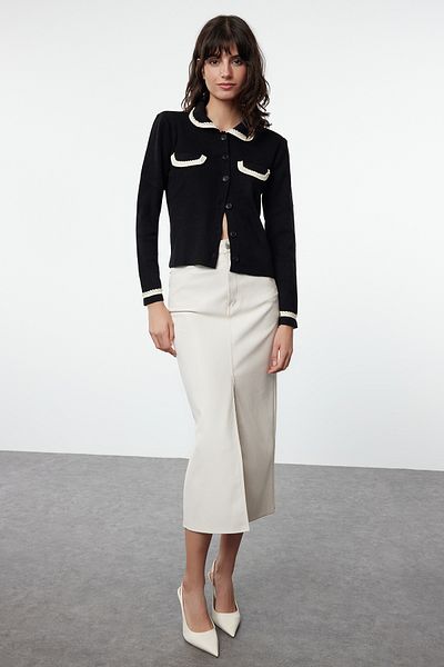 Trendyol Collection Polo Collar Black Knitwear Cardigan - Color Block TWOAW25HI00301