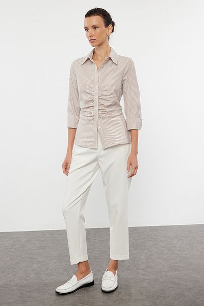 Trendyol Collection Beige Striped Woven Shirt - Shirring Detail, Fitted Waist Fit TWOAW25GO00024