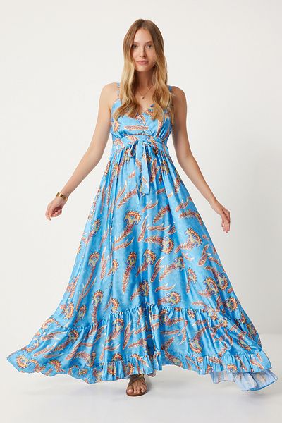 Happiness İstanbul Blau gemustertes Sommerkleid aus Satin für Damen - DP00208