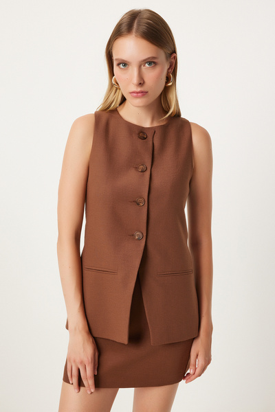 Happiness İstanbul Brown Fleto Detailed Long Women's Vest - FN03239