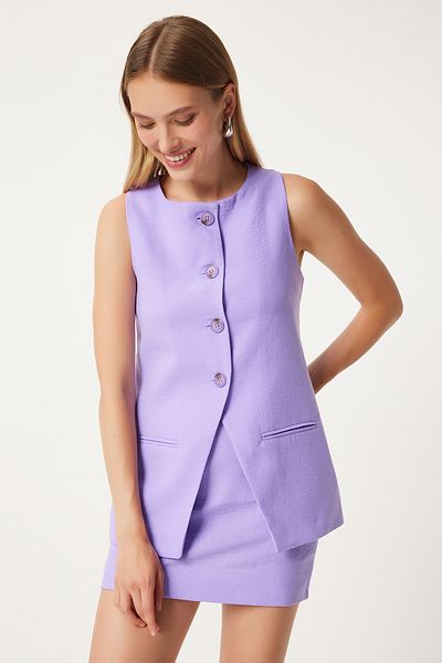 Happiness İstanbul Lila Fleto Damenweste - Lang gewebt mit Taschendetail FN03239