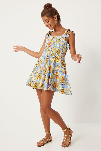 Happiness İstanbul Mini rochie de vară din viscoză cu imprimeu albastru și galben - curea groasă FN03238