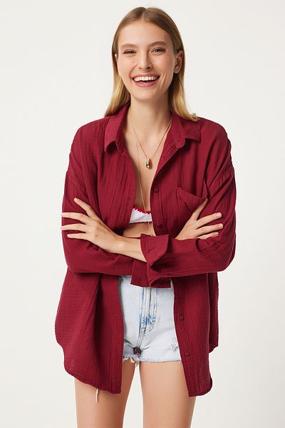 Happiness İstanbul Cămașă de damă din muselină oversize roșu Claret - MX00150
