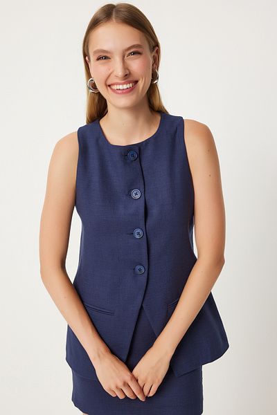 Happiness İstanbul Navy Blue Fleto Detailed Women's Vest - Long Woven FN03239