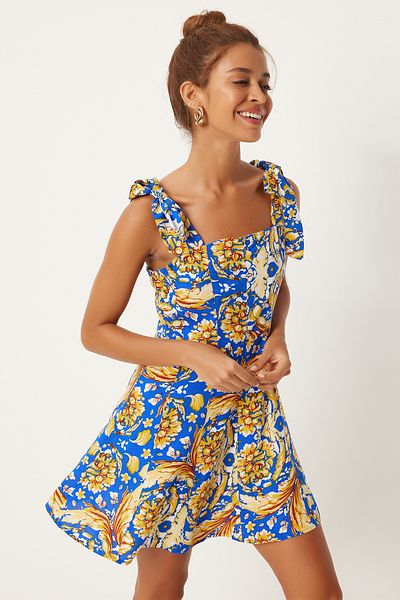 Happiness İstanbul Blau-gelbes gemustertes Viskose-Minikleid – Dicke Träger, Sommer – FN03238