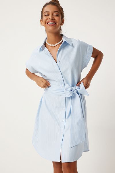 Happiness İstanbul Blau gestreiftes, weißes Hemdblusenkleid mit Gürtel für Damen - FN03252