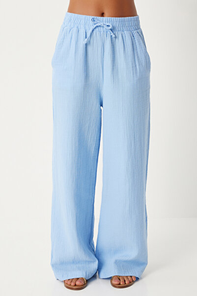 Happiness İstanbul Pantaloni de damă Palazzo de muselină albastru - MX00160