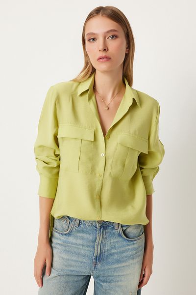 Happiness İstanbul Oil Green Women's Shirt with Large Pockets - Tensel FN03243
