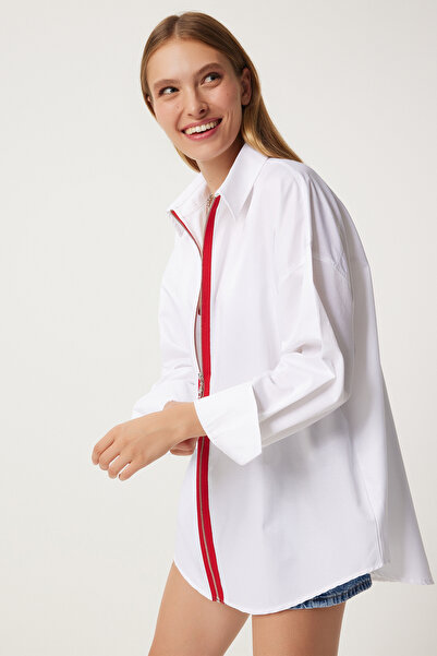 Happiness İstanbul Bílá červená oversize košile - kontrastní pruh, zip FN03263