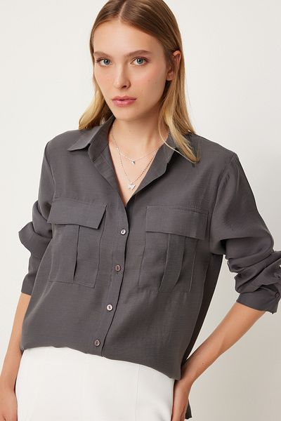 Happiness İstanbul Anthracite Viscose Women's Shirt - Wide Pocket FN03243