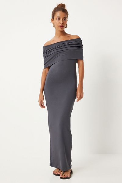 Happiness İstanbul Smoked Carmen Collar Women's Knitted Saran Dress - FN03266