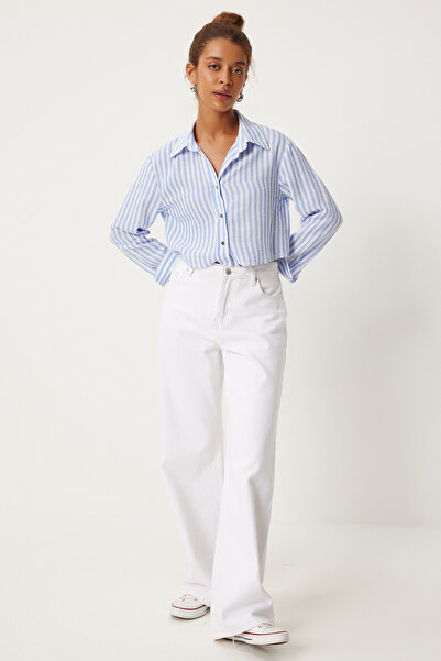 Happiness İstanbul Nebesky modrá pruhovaná bílá starožitná plodinová košile - FN03259