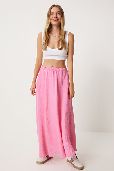 Happiness İstanbul Pink Linen Blended Flounce Long Women's Skirt - DP00209