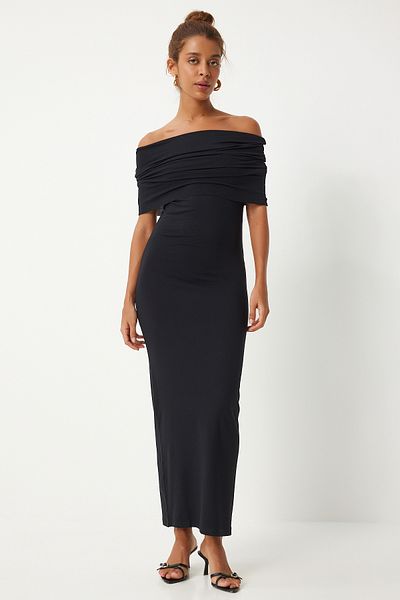 Happiness İstanbul Schwarzes Strickkleid mit Carmenkragen für Damen - FN03266