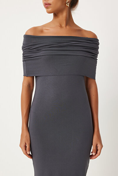 Happiness İstanbul Dámské pletené šaty Saran Smoked Carmen Collar - FN03266