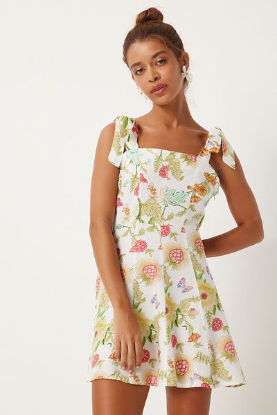 Happiness İstanbul Ecru-grünes gemustertes Viskose-Minikleid – Dicke Träger, Sommer FN03238