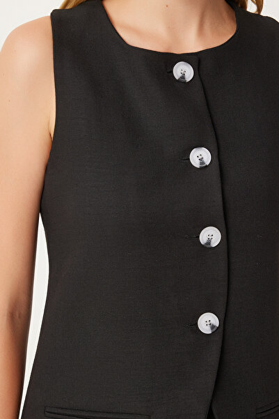Happiness İstanbul Black Fleto Women's Vest - Long Woven with Pocket Detail FN03239