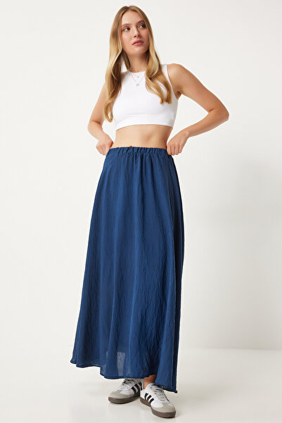 Happiness İstanbul Navy Blue Linen Blended Flounce Long Women's Skirt - DP00209