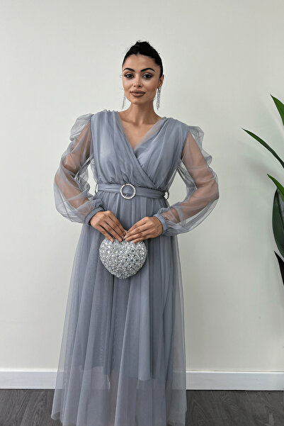 giyimmasalı Double-breasted Collar and Stone Belt Detailed Gray Tulle Dress