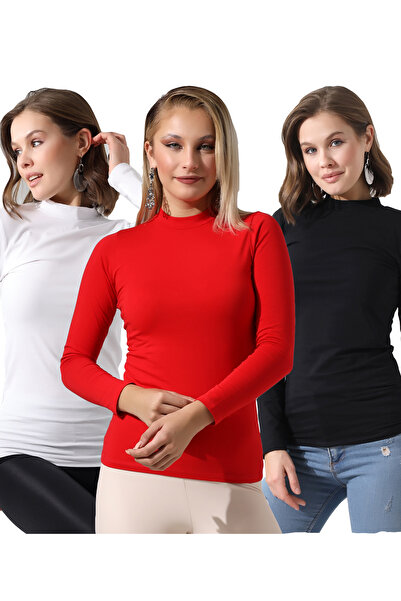 Endies Pachet de 3 bluze pentru femei, cu jumătate de gât țesut, compacte, di...