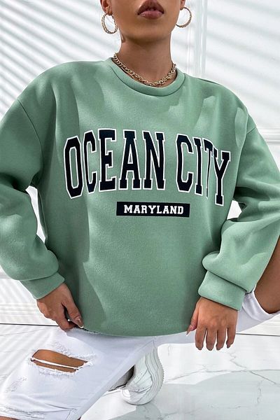 MODAGEN Unisex Mint Green Ocean City Printed Crew Neck Oversize Sweatshirt