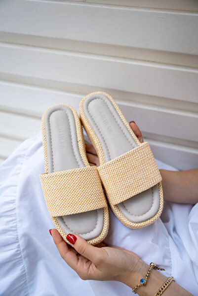 LAMİNTA Oslo Ecru Women's Slippers - Flat 4cm, Special Thick Sole