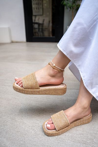 LAMİNTA Oslo Beige Women's Slippers - 4cm Thick Sole Flat Design