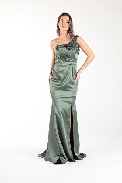 ALİS DRESS Haki Yeşil Tek Omuz Aplikli Saten Abiye