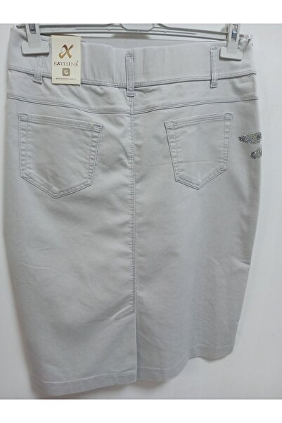 AKŞEN GİYİM BÜYÜK BEDEN İNCE DENİM LİKRALI PAMUK KUMAŞ BELİ LASTİKLİ TAM YAZLIK YUSUFÇUK TAŞ BASKILI KISA ETEK