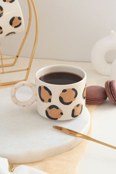 Perla Art El Yapımı Leopar Desenli 24K Altın Dekorlu Seramik Mug 200ml