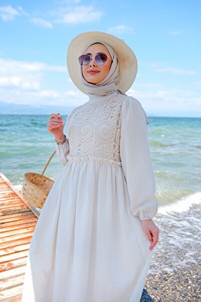 LOCCO Dantel Detaylı Astarlı Dar Kalıp Keten Tesettür Elbise Taş