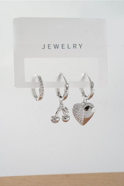 By Zeyna Aksesuar Vip Women's Baguette - Zircon Stone, Mixed Figure 3-Piece Earrings zrk00566