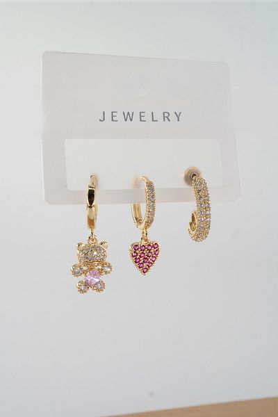 By Zeyna Aksesuar Vip Series Zircon Stone 3-Piece Mixed Figure Earrings - zrk00571
