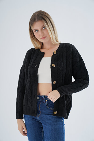 Trist Star Kadın Siyah Oversize Bisiklet Yaka Düğmeli Saç Örgülü Yün Karışımlı Triko Örme Hırka TRIST-6166