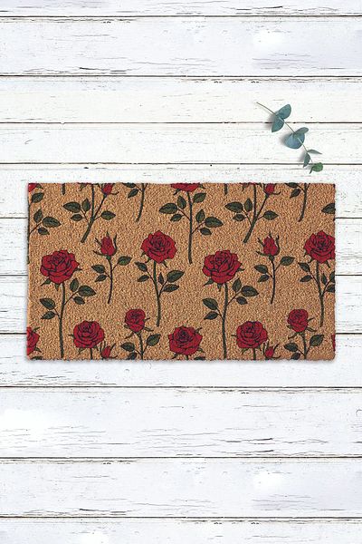 Paspas Yap Red Rose Patterned Koko Mat Door Mat Door Mat Pvc Base Entrance Mat Bristle Mat