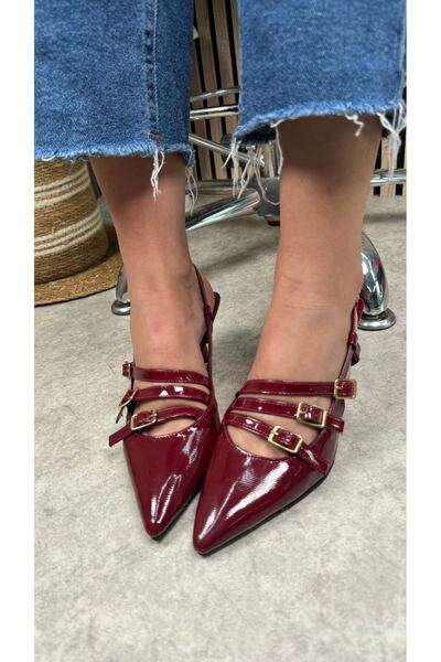 Nstil Daily Women's Burgundy Patent Leather Buckle Adjustable Belt Pointed Toe Thin Heeled Shoes 44